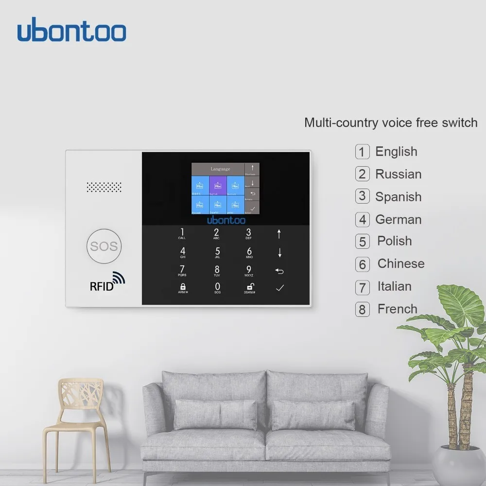 ubontoo Wireless Burglar Sensor Home Security WIFI RFID SIM GSM Alarm System IOS Android APP Control LCD Touch Keyboard