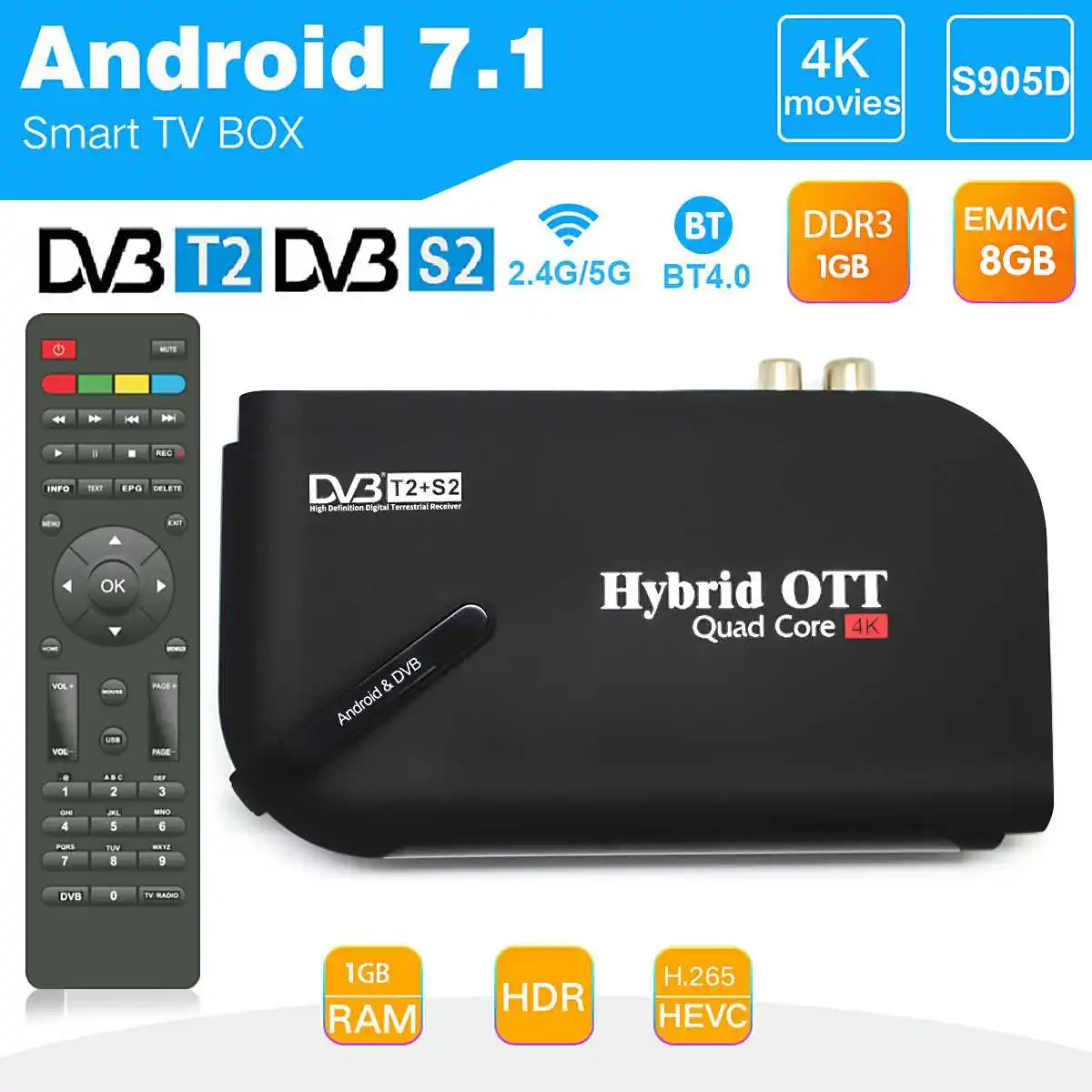 

Smart tv box android 7.1 4k dvb t2 S905D T2&S2 7.1OS 1+8 Quad core 1GB 8GB WiFi Set top Box WIFI 4K Satellite Receiver