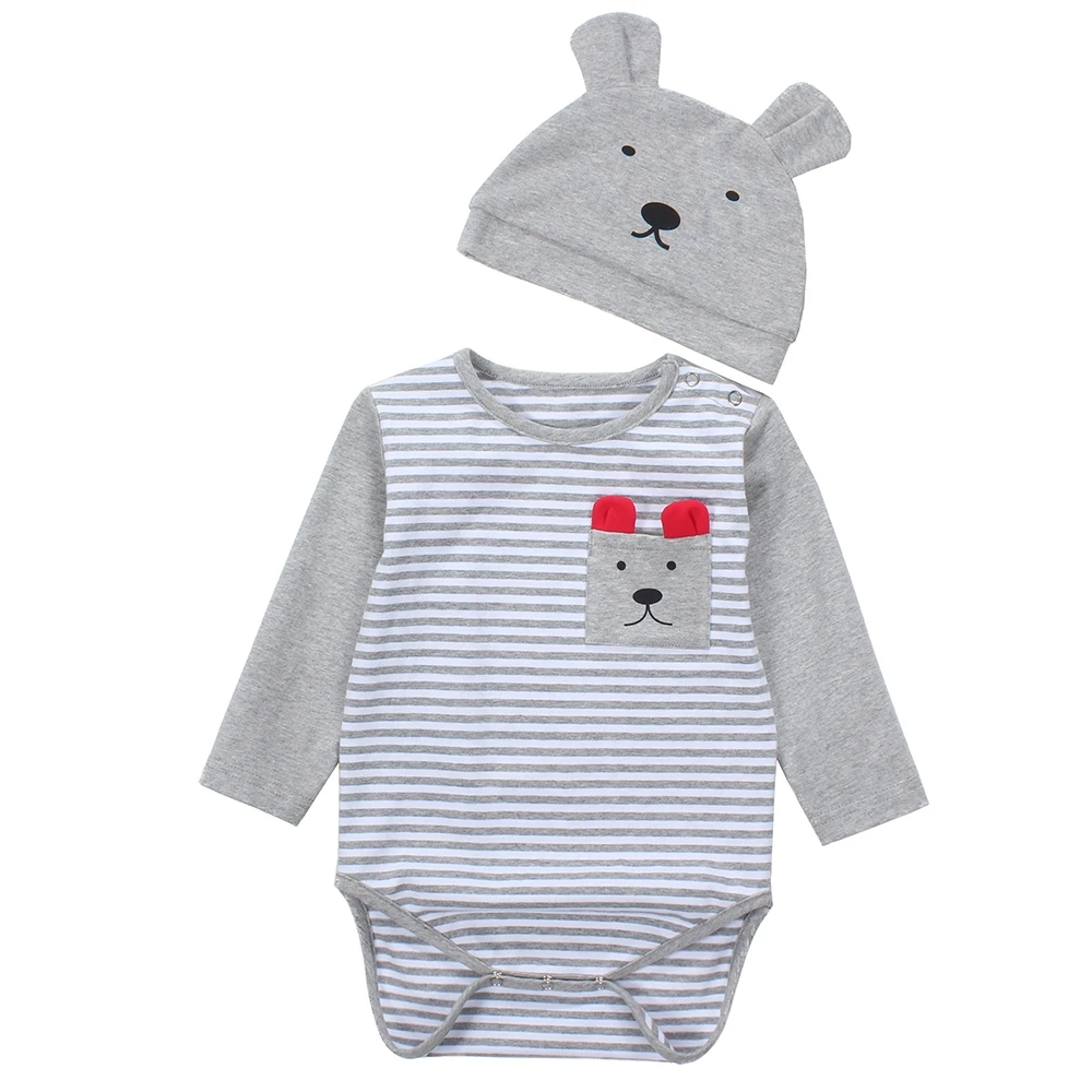 Clearance Long Sleeve Stripe Baby Romper With Baby Cute Hat Cartoon
