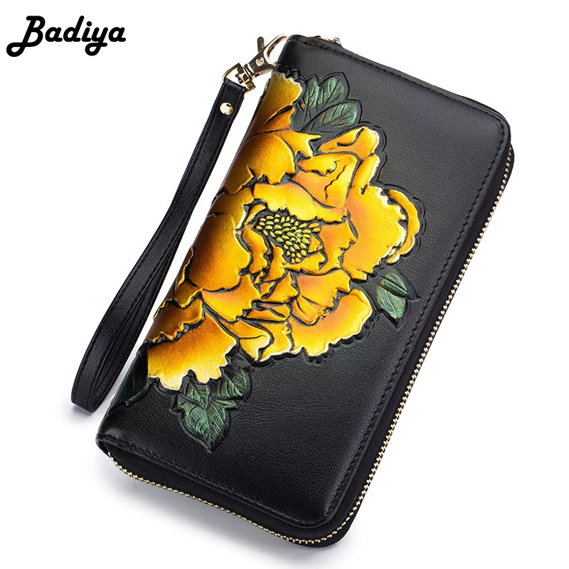 

Peony Flower Freehand Sketching Leather Women Long Wallet Accordion RFID Credit Card Phone Clutch Wallet with Coin Zipper Pocket