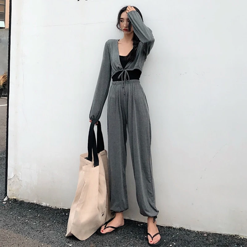 

office casual Overalls autumn New korean Women's Clothing crop top full belt open stitch+elastic high Bloom pants two piece set