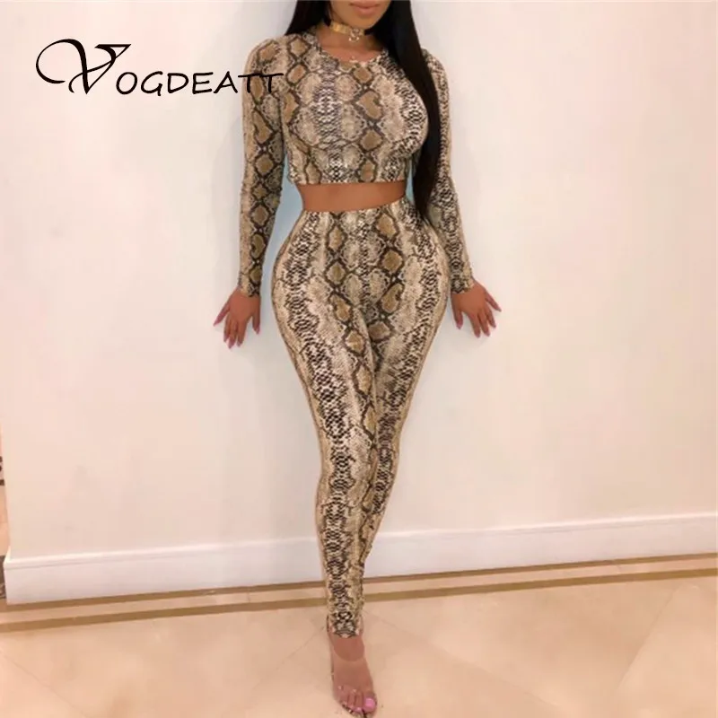 

2019 Snake Skin Printed Short Top Long Sleeve Women Cute Two-piece Set High Waist Full Length Thin Monkey Club Office Set