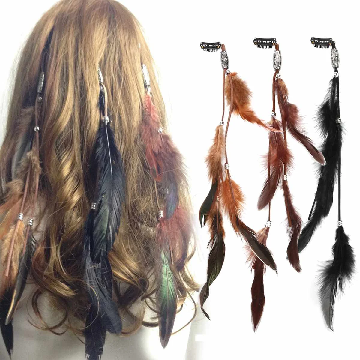

3Pcs/set Women Feather Hairband Hair Comb Clips, Indian Boho Headband Headpiece Bohemian Tassel Hair Accessories Folk Hairgrips