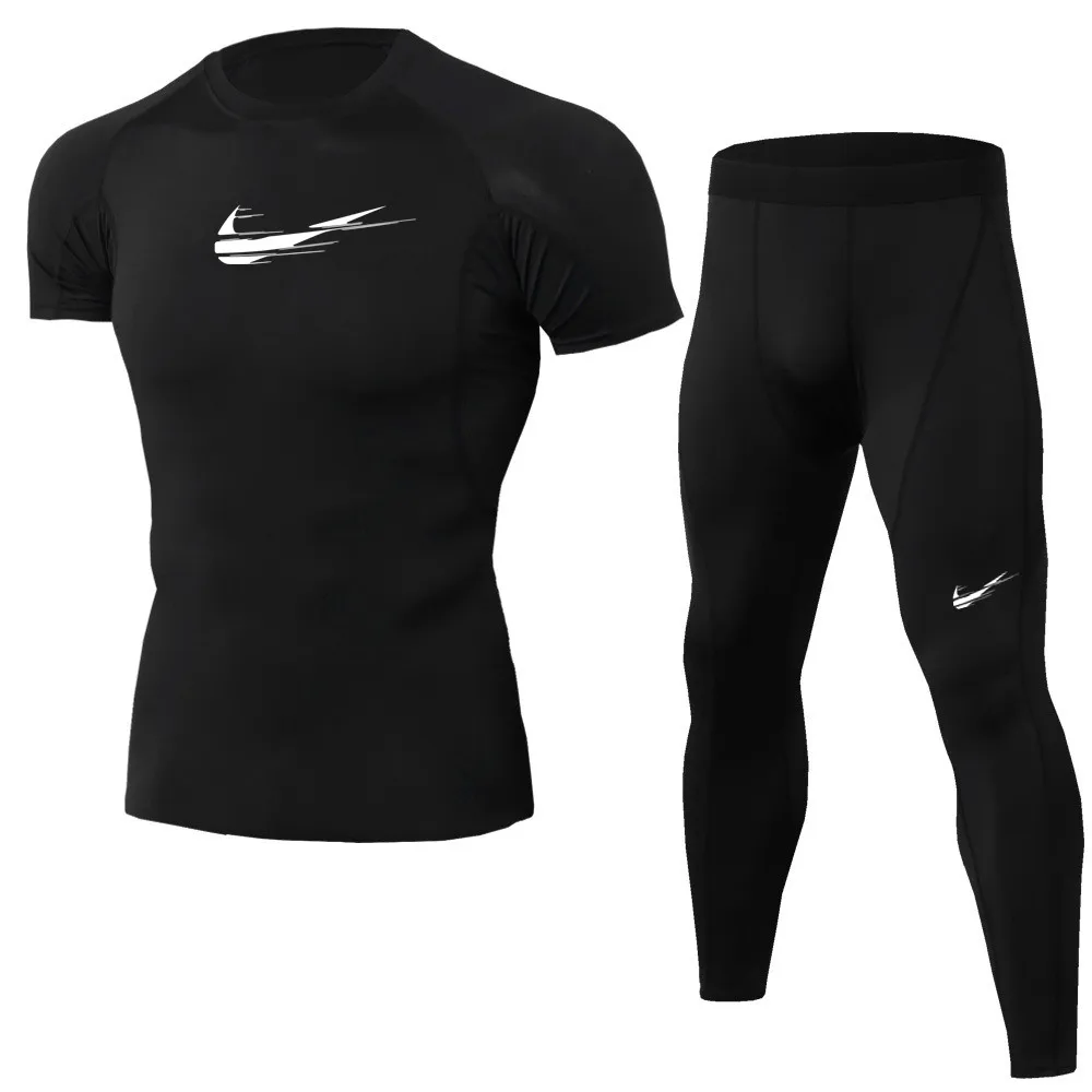 

2019 Fitness Men Sets Pure black Compression Shirts + Leggings Base Layer Crossfit Brand Short sleeve T Shirt Clothing Set