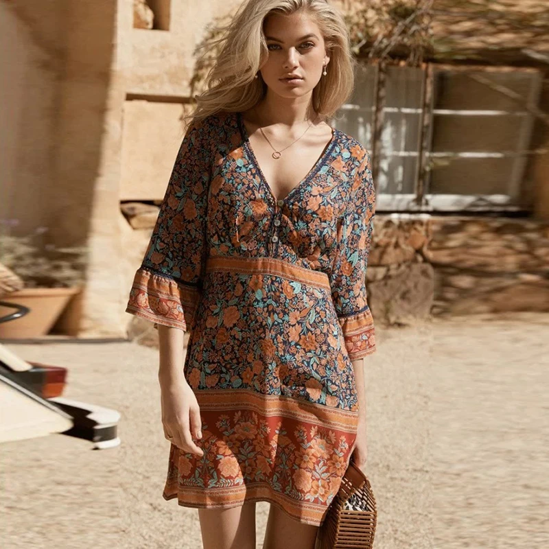 Bohemio Sexy Hippie Wrap Primavera Verano 2019 playa vestido Folk Town estampado Floral Flare manga mujeres vestido Chic Vestidos|Vestidos| - AliExpress