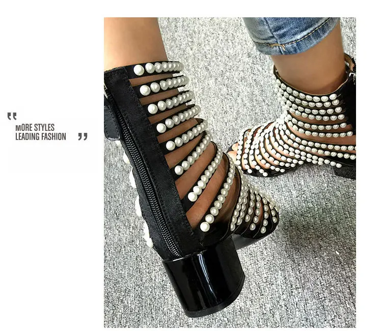 

Carole Levy Luxury Band Sandal For Woman in Ankle Bank Zipper Open toe Narrow Bands Fashion Mid High Heel Shoes with String Bead