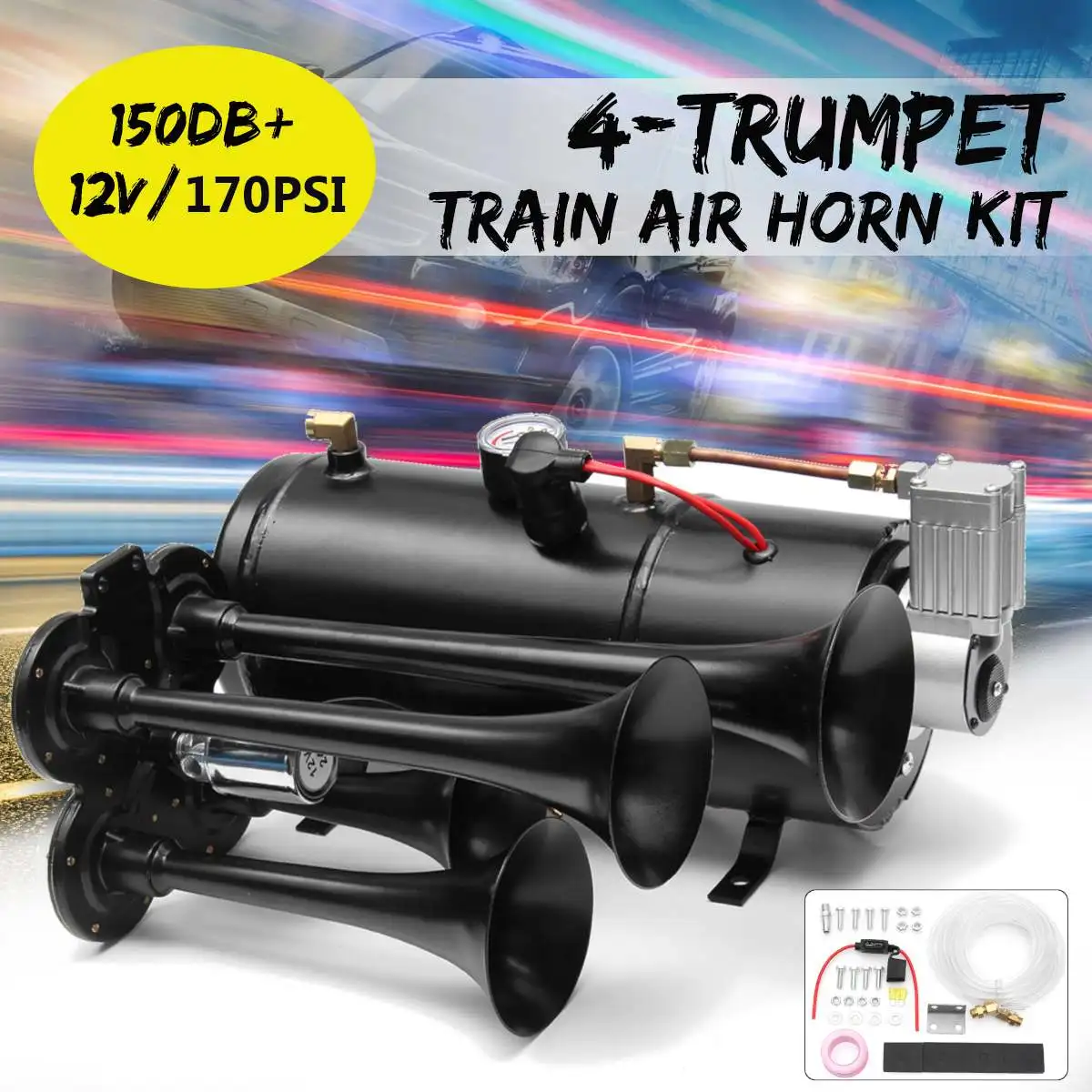 

Black Truck Train Quad 4 Trumpet Air Horn Kit 150 PSI 12V 3Liters Compressor & House