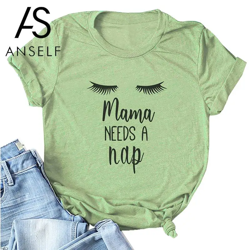 

Anself Women Summer T-shirt Short Sleeve O Neck Letter Print mama NEEDS A nap Plus Size Cotton T Shirt Cool Tees Mom Casual Tops