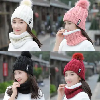 

Scarf Hat Sets Kit Women Winter Warm Solid Pompoms Knitted Soft Caps And Scarves 2PCS