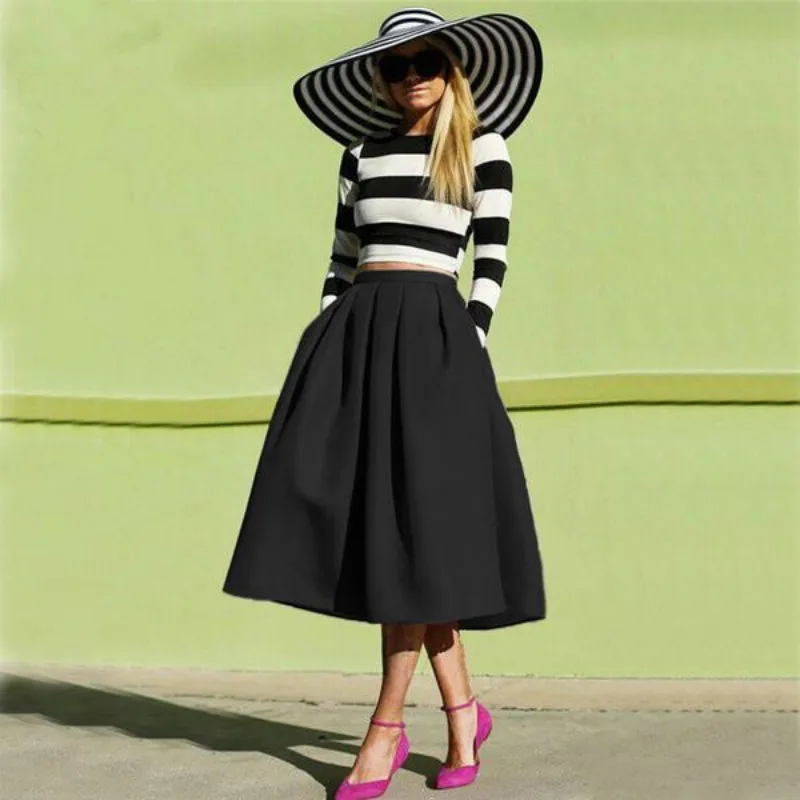 New Female Fashion Street Style Women's Skirt Solid Casual Flare High Waist Pleated Pockets Vintage Skirts