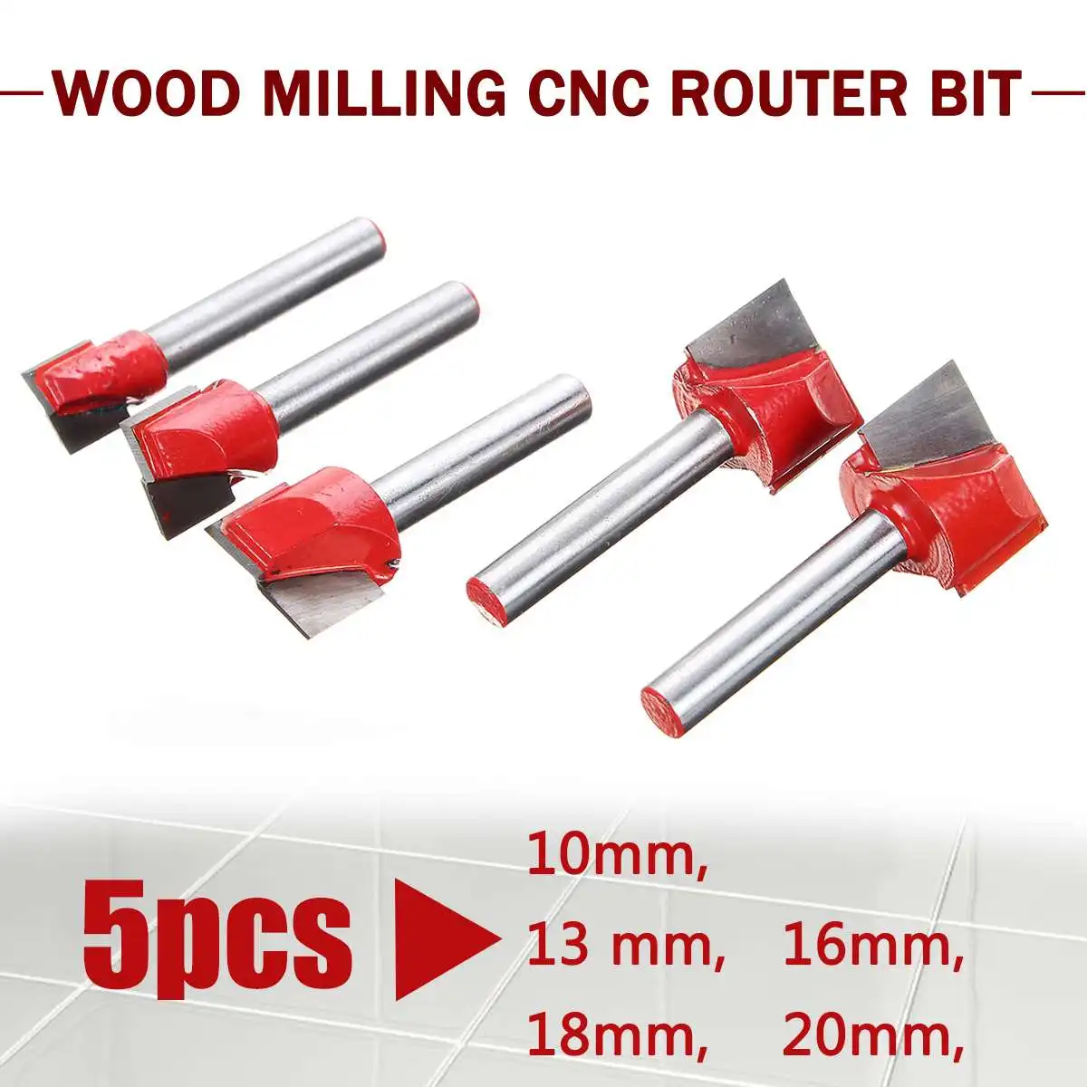 

5Pcs10mm+13mm+16mm+18mm+20mm 6mm Surface Planing Bottom Cleaning Wood for Engraving Milling CNC Router Bit for Electric Trimmer