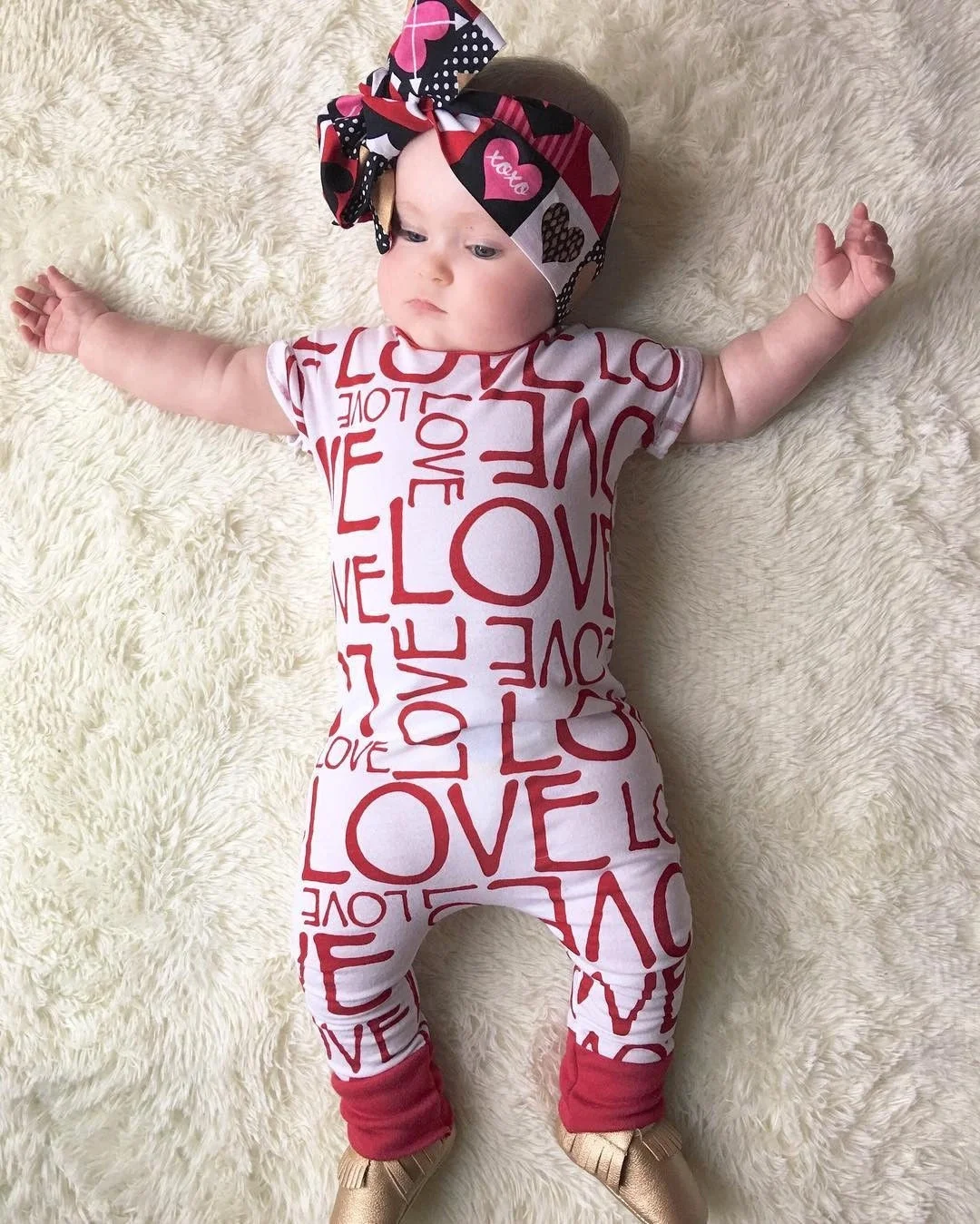 Short sleeve Love Letter Print Baby Rompers Valentines Day Clothes