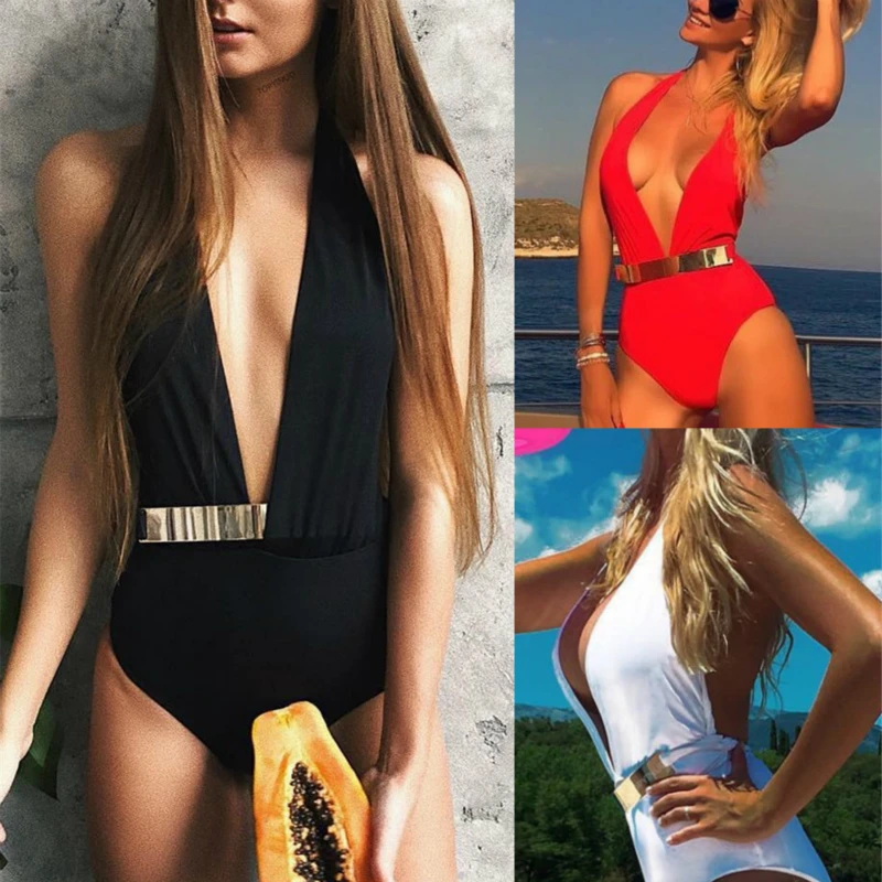 

2019 Sexy Off Shoulder Swimwear Women Swimsuit Solid one piece swimsuit Metal girdle Bathing Suit Beach Backless Monokini Swim