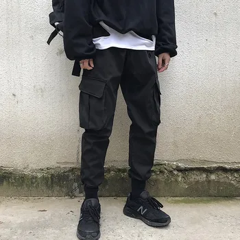 

2019 Men's Loose Cotton Casual Pants Loose Pocket Decoration Trousers Active Elastic Hip Hop Style Joggers Sweatpants S-2XL