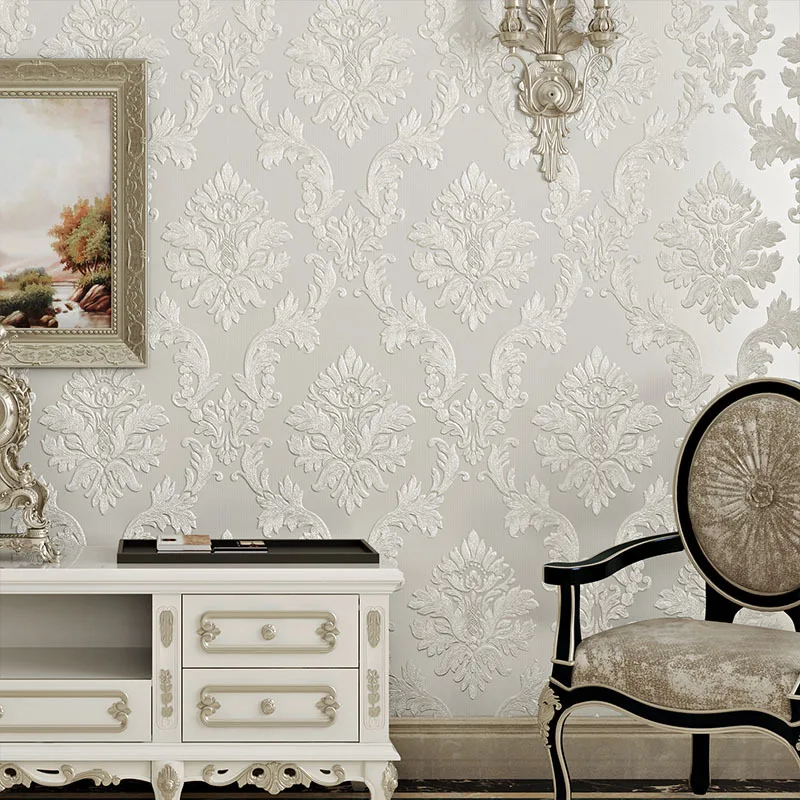 

Beige White Eco-friendly Non-woven Wallpaper European Style Damascus Deep Embossed Bedroom Tv Background Living Room Home Decor