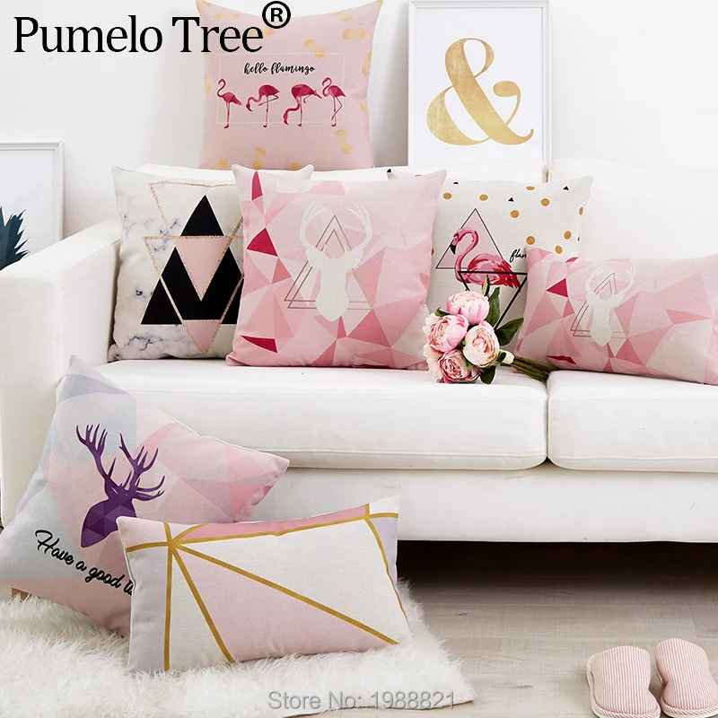 

Nordic Flamingo Pink Cushion Cover Deer Geometric Decorative Pillow Case Print linen pillow case Cojines Decorativos Para Sofa