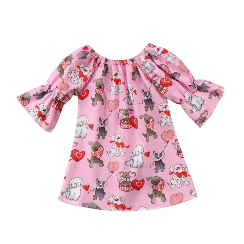 

Girls Summer Cartoon Dog Heart Print Dress Valentine Day Half Sleeve Dress Children Party Wear Clothing