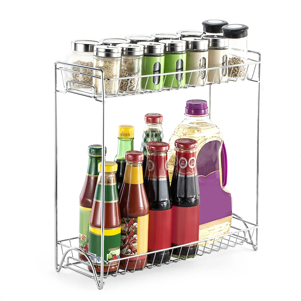 

2-Tier Kitchen Storage Rack Spice Rack Standing Bathroom Countertop Storage Organizer Bottle Shelf Holder Chrome Kitchen Tool