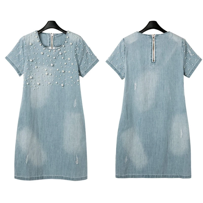 2019 Summer Loose Blue Jeans Dresses for Women Plus Size Short Sleeve O Neck Women Denim Dress Washed Vestidos 4XL 5XL