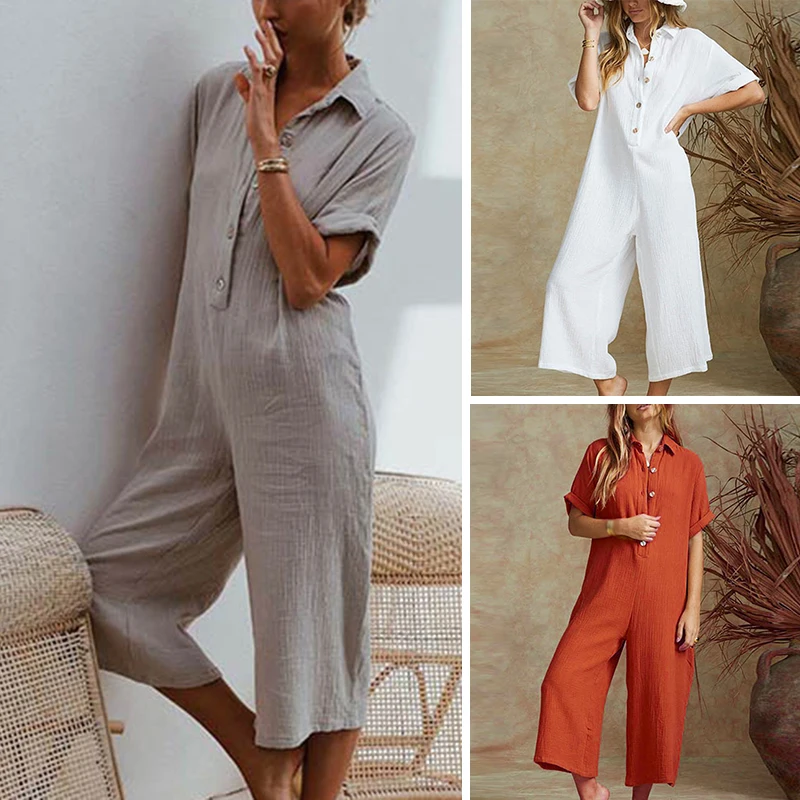Women jumpsuit cotton linen solid color Lady Summer overalls Loose Harem Pants Long Trousers Casual Buttons wide leg Jumpsuits Women jumpsuit cotton linen solid color Lady Summer overalls Loose Harem Pants Long Trousers Casual Buttons wide leg Jumpsuits