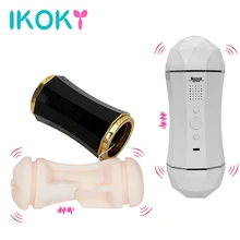 IKOKY Real Pussy Dual Hole Vibration Male Masturbation Cup Artificial Vagina Voice Sex Machine Sucking Oral Sex Toys for Men