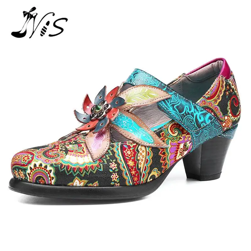 

NIS Bohemian Vintage Style Women Pumps Shoes Woman Genuine Leather socofy Spring Summer High Heels Ladies Shoes Fashion 2019