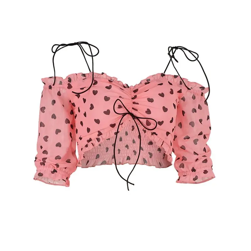 

Sexy Crop Top Women Off Shoulder Chiffon Blouses 2019 Streetwear Fashion Heart Print Pink Sweet Girl Casual Beach Summer Blouse