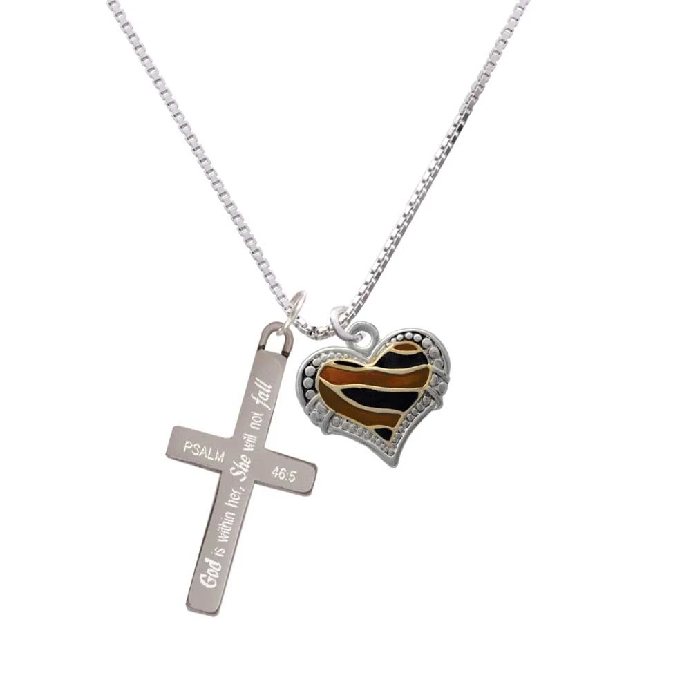 Two Tone Enamel Tiger Print Heart - She will not Fall Cross Necklace | Украшения и аксессуары