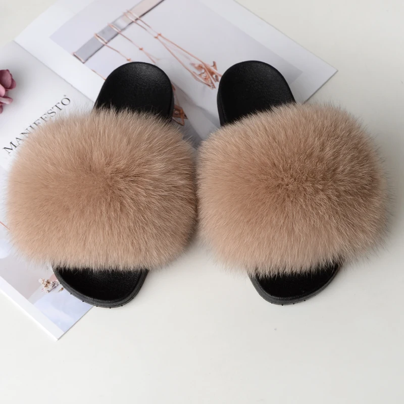 

2019 Women's real raccoon slides Fox fur slippers Furry Home Ladies Cute Plush Sandals Flat Hair Fluffy platform Shoes for Women