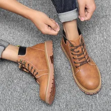 Модные однотонные мужские мотоциклетные ботинки для отдыха, ботильоны с круглым носком, ботинки на шнуровке, прошитая рабочая обувь на весну-осень