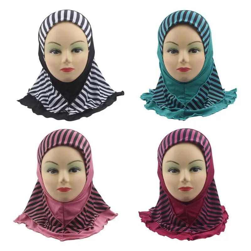 

2019 Fashion Muslim Kids Hijab Girl Caps Scarf Shawls Stripe Splicing Soft Breathable Wrap Scarf Islamic Shawl Cap Head Cover
