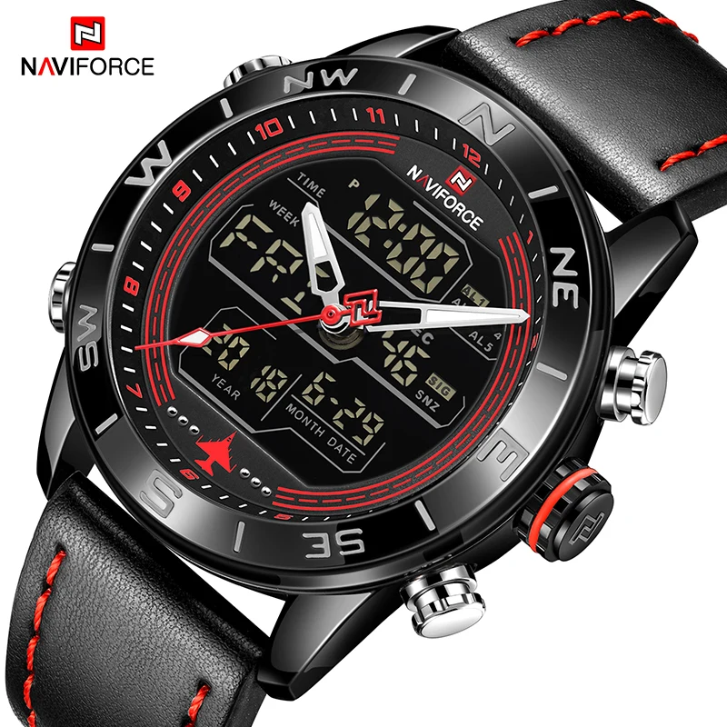 Baratos NAVIFORCE hombres de moda de oro reloj de cuarzo analógico cuero ejército militar LED Digital relojes deportivos Relogio Masculino