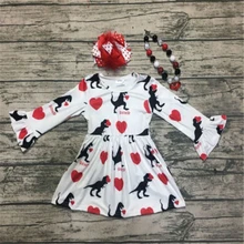 Хлопковое платье принцессы на День святого Валентина с динозавром для маленьких девочек, популярная новая одежда для маленьких девочек, платье с длинными рукавами с изображением сердца динозавра