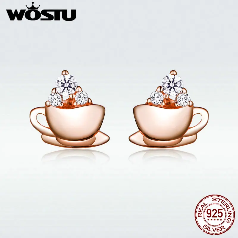 

WOSTU 925 Sterling Silver Stud Earring Jewelry Hot Fashion Original Rose Golden Coffee Stud Earring Fit Charm Women Gift DXE592