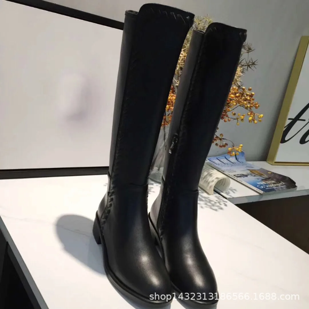 

Autumn Woman Weave Cowhide Coarse Zipper Head High Knight Winter Women Boots
