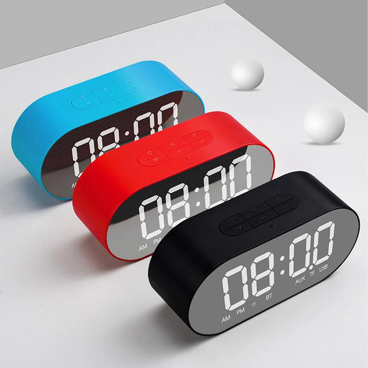 

Alarm Clock FM Radio Wireless bluetooth Speaker Aux TF USB Music Mirror Display Portable Plastic+Metal for Office Bedroom