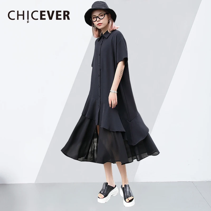 CHICEVER летнее платье для женщин черное раздельное с коротким рукавом двухслойный
