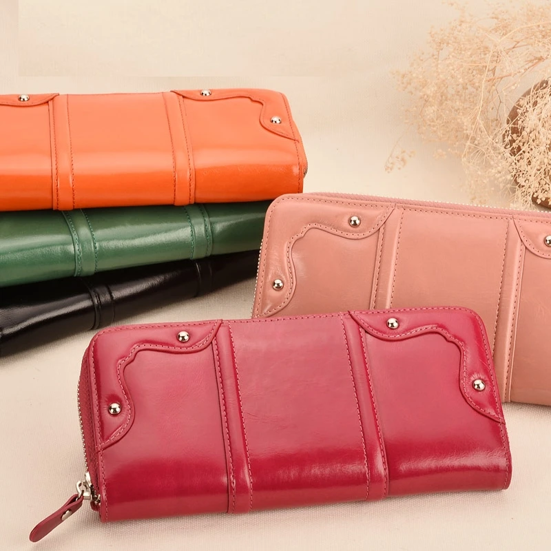 

First Layer Leather Ladies Wallet Long Korean Version Oil Wax Leather Female Multi-Card Position Wallet Spot Hot Sale