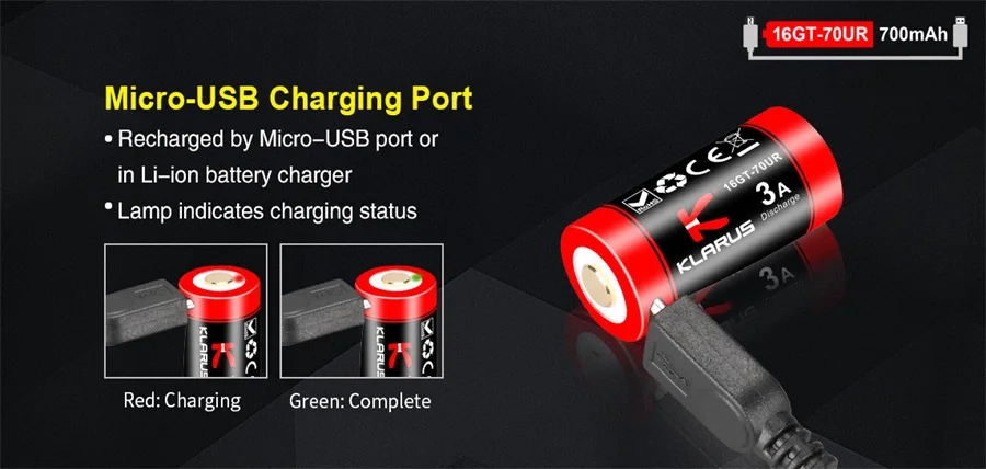Klarus 16GT 70UR 700 mAh Micro usb Зарядка Высокая разрядка 16340 литий ионная батарея|Портативные
