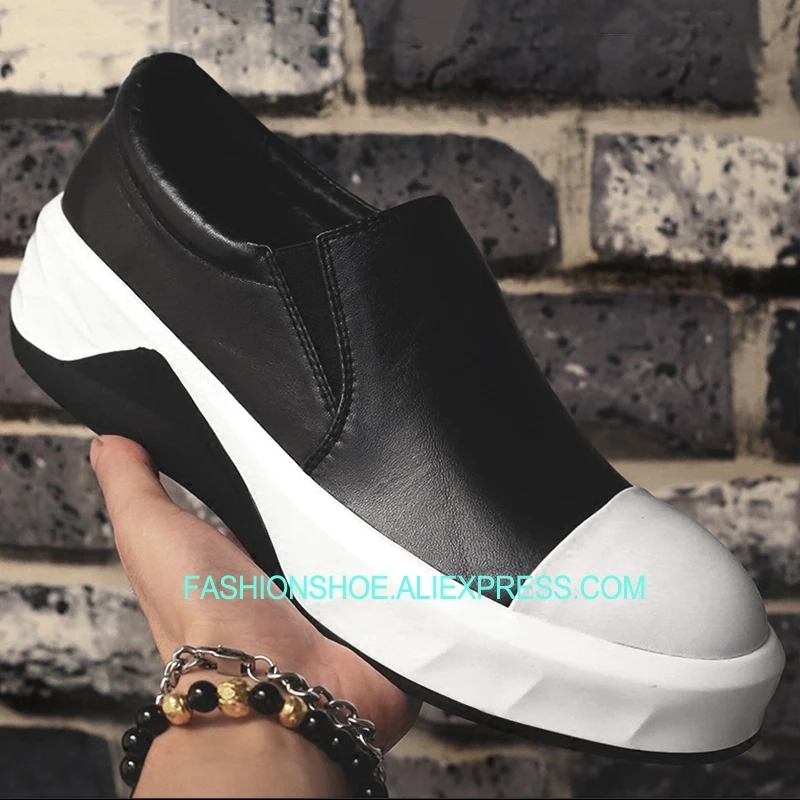 

White Black High Platform Loose Shoes Real leather Slip on Leisure Shoe Spring Lazy Loafers
