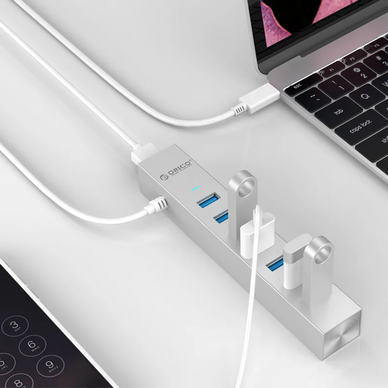 ORICO ASH7-U3 Aluminum 7 Ports USB3.0 HUB Super Speed 5Gbps for MAC Laptop Desktop Computer Peripherals Usb Power Adapter Silver