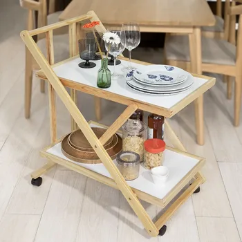 

SoBuy FKW52-WN, Foldable Wooden 2 Shelves Serving Trolley on wheels, Home Kitchen Trolley Cart
