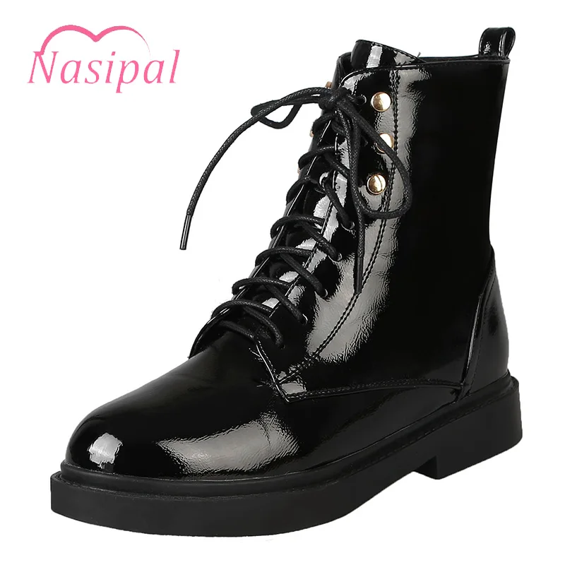 Goede Nasipal Rits Botas Mujer Lace Up Motorlaarzen Zwart Wit Lakleer Platte Laarzen Vrouw Dames Plus Size Schoeisel V267