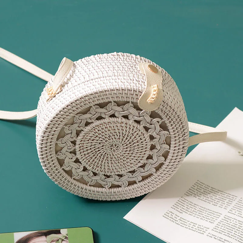 

New White Round Rattan Bags For Women Beach Crossbody Bag Straw Handmade Woven Circle Shoulder Bag Female Handbags