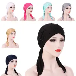 Мусульманские длинные бисер хиджабы исламский тюрбан для женщин бусины рюшами кепки дамы банданы тюрбан широкий берет-Боб шарф шляпа