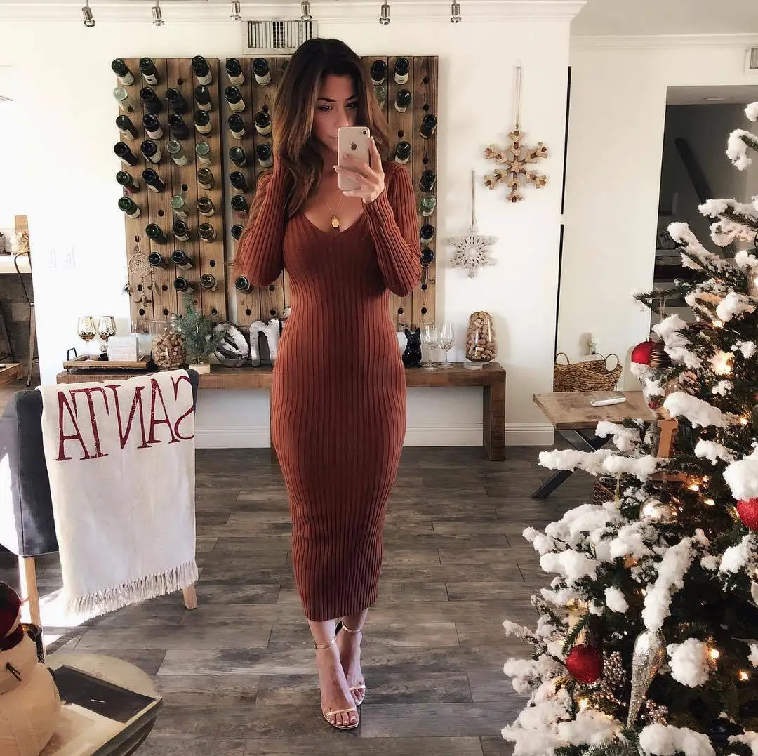 

2019 Newest Hot Women V-Neck Long Sleeve Slim Soild Sweater Pencil Jumper Knit Cotton Dress