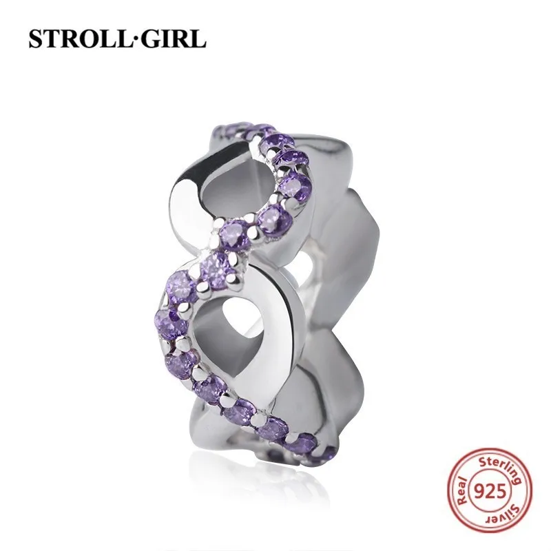 

Strollgirl flower charms 925 sterling silver Beads with purple CZ stone Fit Original European Bracelet diy jewelry for gifts