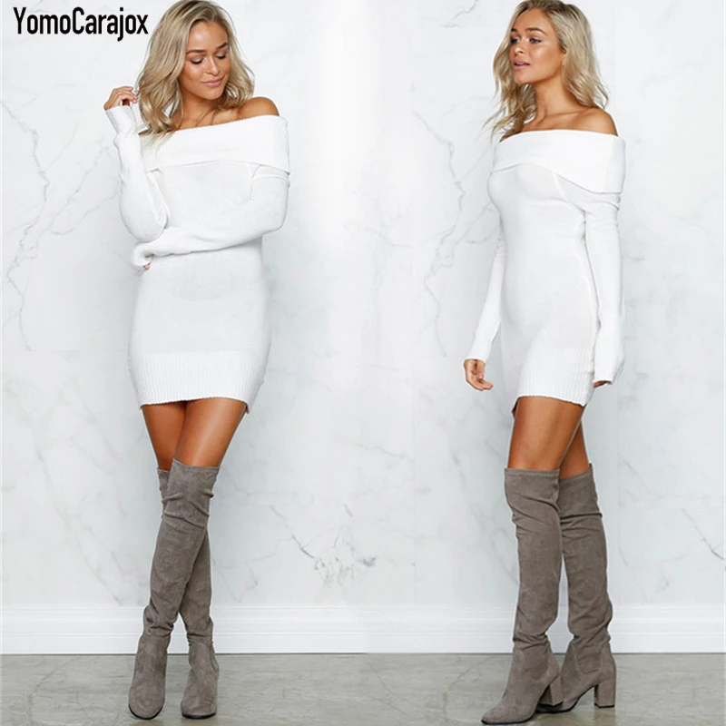 

Winter off shoulder knitted bodycon dress Women long sleeve autumn sexy dress party short white dresses