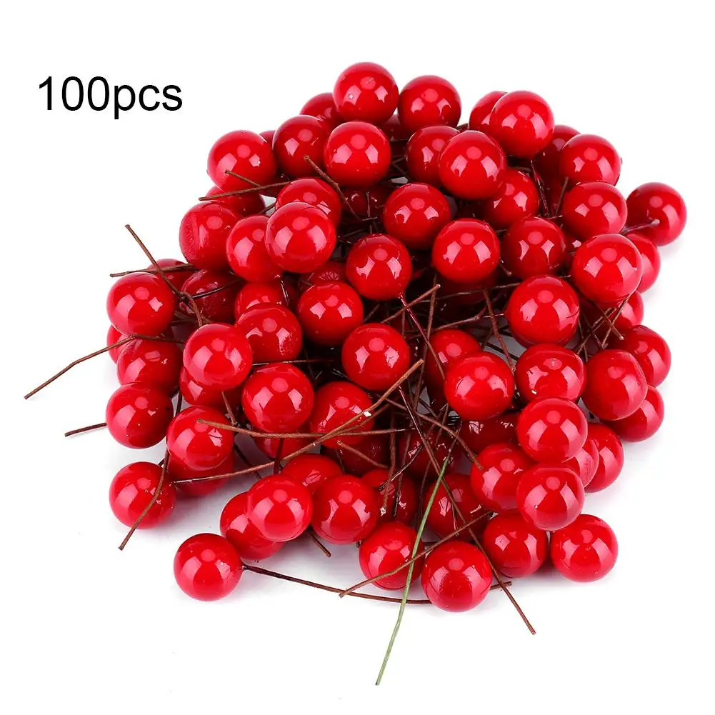 

100 Pcs/lot Artificial Small Berries Cherry Mini Artificial Flower Fruit Stamens Cherry Christmas Plastic Pearl Berries Decor
