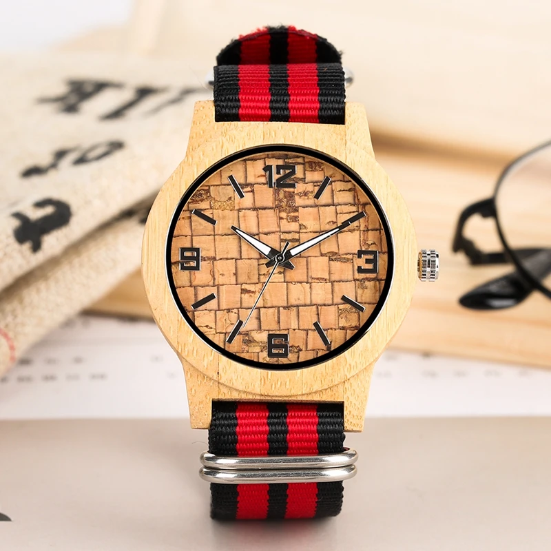 Unisex Slag Cork Striped Dial Retro Colorful Wood Men s Watch Flag Color Nylon Band Reloj 3